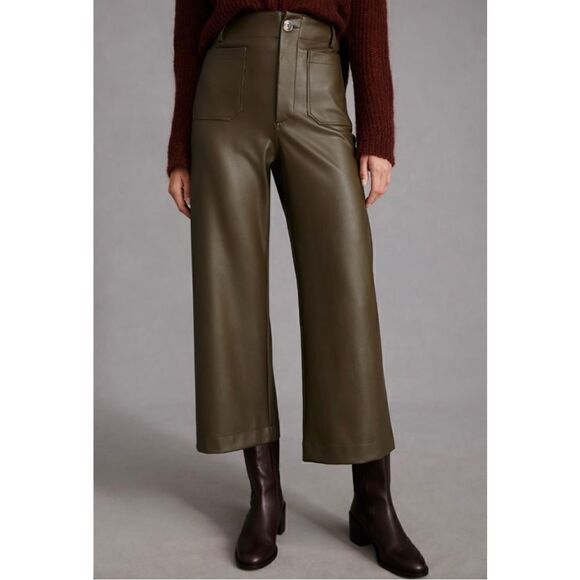 NEW Anthropologie Maeve Colette Moss Cropped Wide-Leg Faux Leather Pants Size 32 - Picture 2 of 8